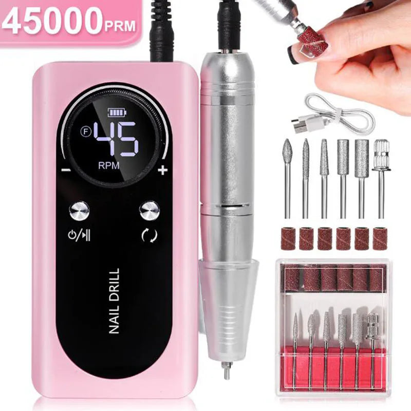 2024 Original 45000RPM Rechargeable Nail Drill Machine with LCD Low Noise Professional Nail Polish Sander Nails Accessories Set